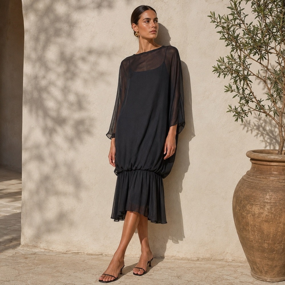 Jacquemus Gadir Dress Black Sheer Draped Midi Size 40 US 8 Designer Luxury